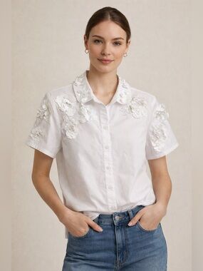 J.Crew Collection Embellished Sequin Floral Button Down Shirt White Size 12
